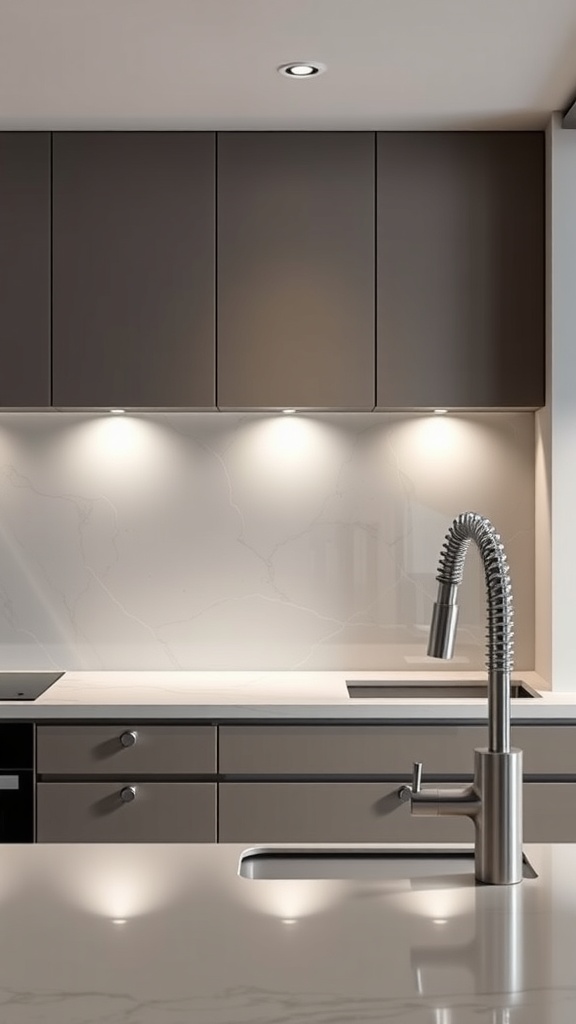 Modern kitchen with sleek glass backsplash and dark cabinets