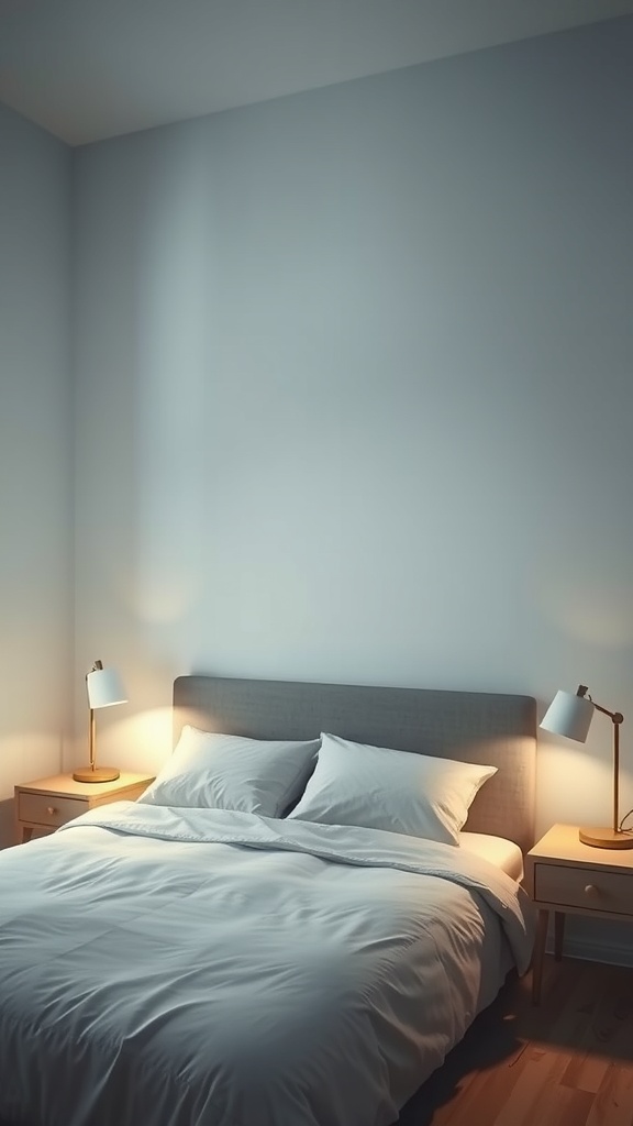 A cozy minimalist bedroom with soft lighting from bedside lamps illuminating a neatly made bed.