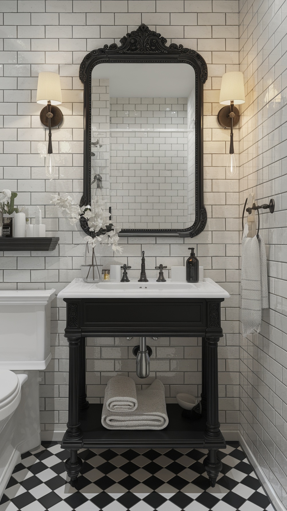 A stylish black mirror in a modern black and white bathroom with subway tiles and elegant lighting.