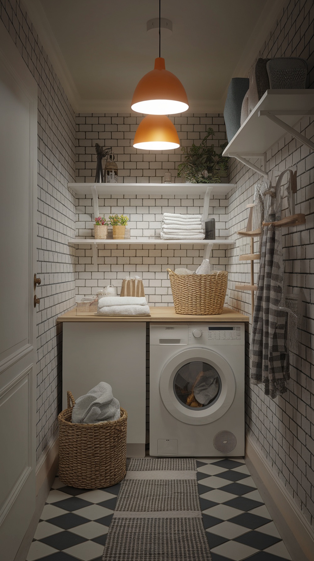 A stylish narrow laundry room featuring orange pendant lights, white shelves, and a modern washing machine.