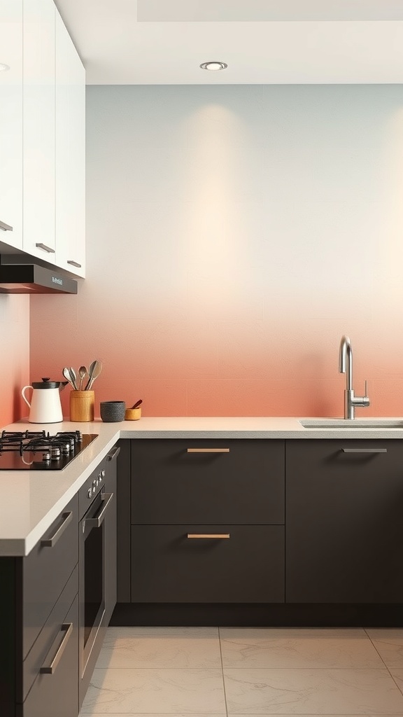 A modern kitchen with a subtle gradient tile backsplash transitioning from light to warm colors.