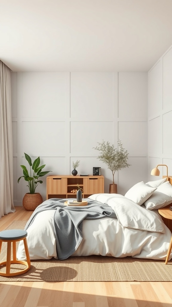 A minimalist bedroom featuring light wood furniture, soft textiles, and plants, showcasing sustainable materials.