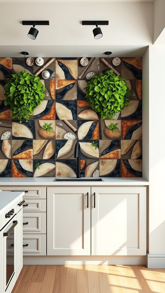 A kitchen with a colorful backsplash made from recycled materials, featuring hanging plants and modern lighting.