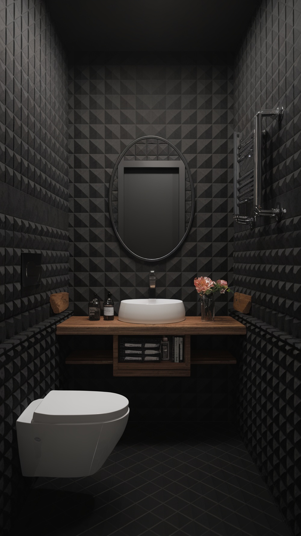 A modern black and white bathroom with textured black walls, a white sink, and wooden accents.