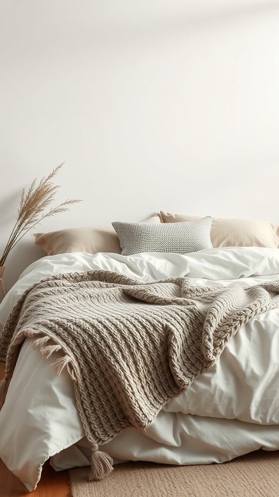 Cozy minimalist bedroom with textured fabrics and neutral colors
