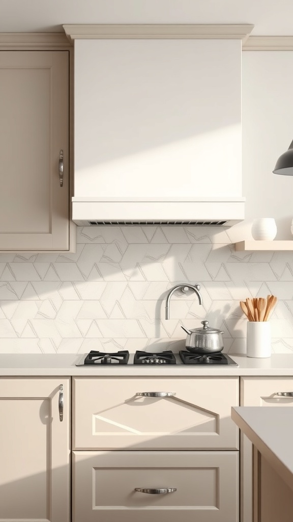 A kitchen with a neutral-toned backsplash featuring a subtle geometric pattern, complemented by light cabinets and a clean countertop.