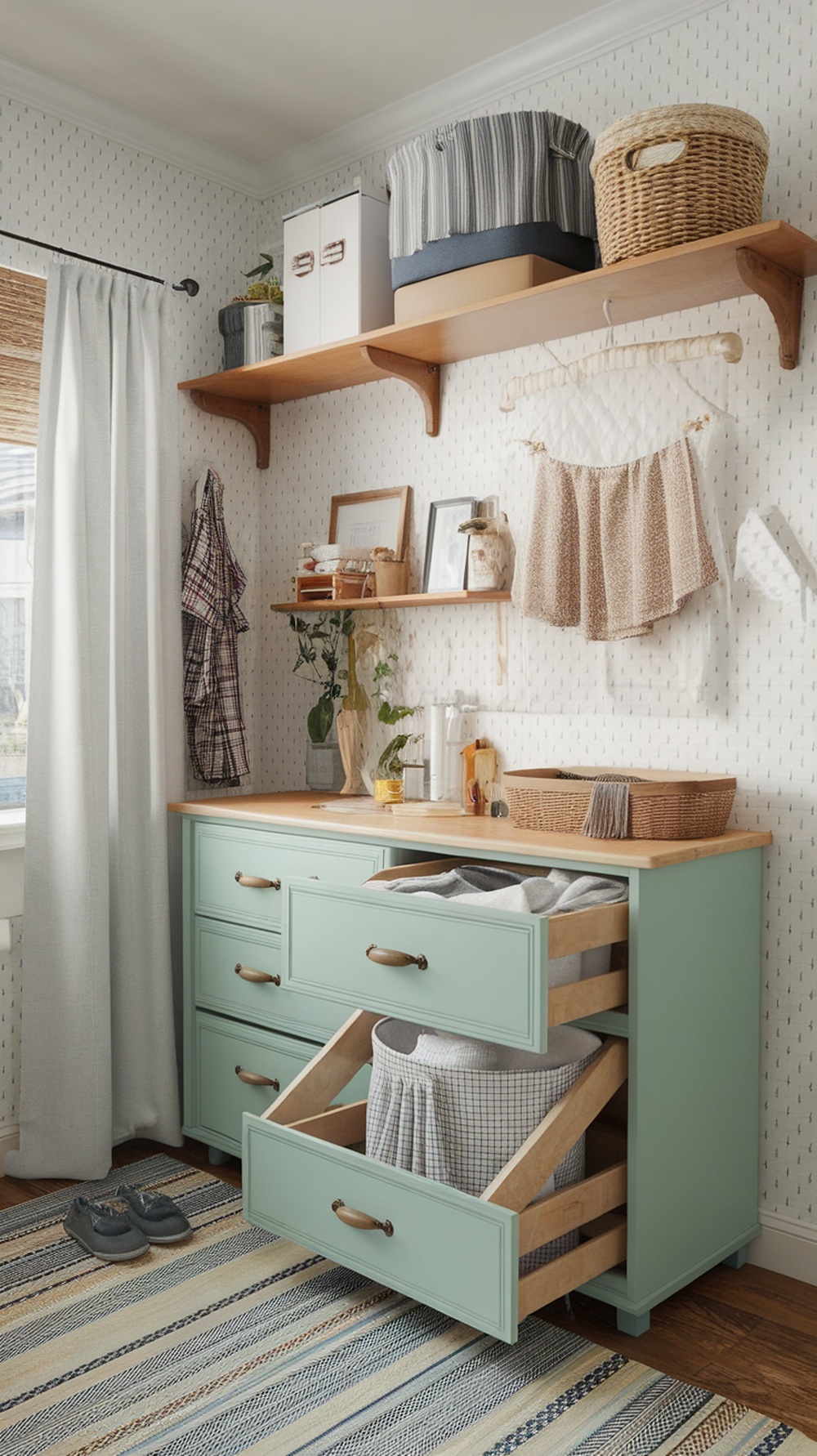 A small laundry room featuring a mint-colored dresser with open drawers, shelves above, and neatly organized items.