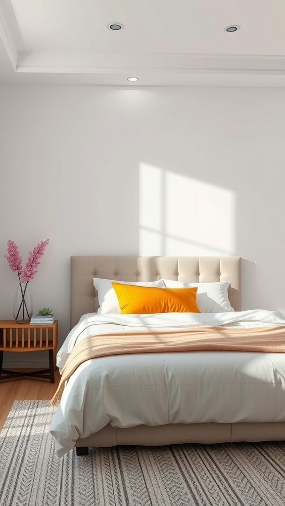 A cozy minimalist bedroom featuring a neutral color palette with an orange accent pillow and pink flowers.