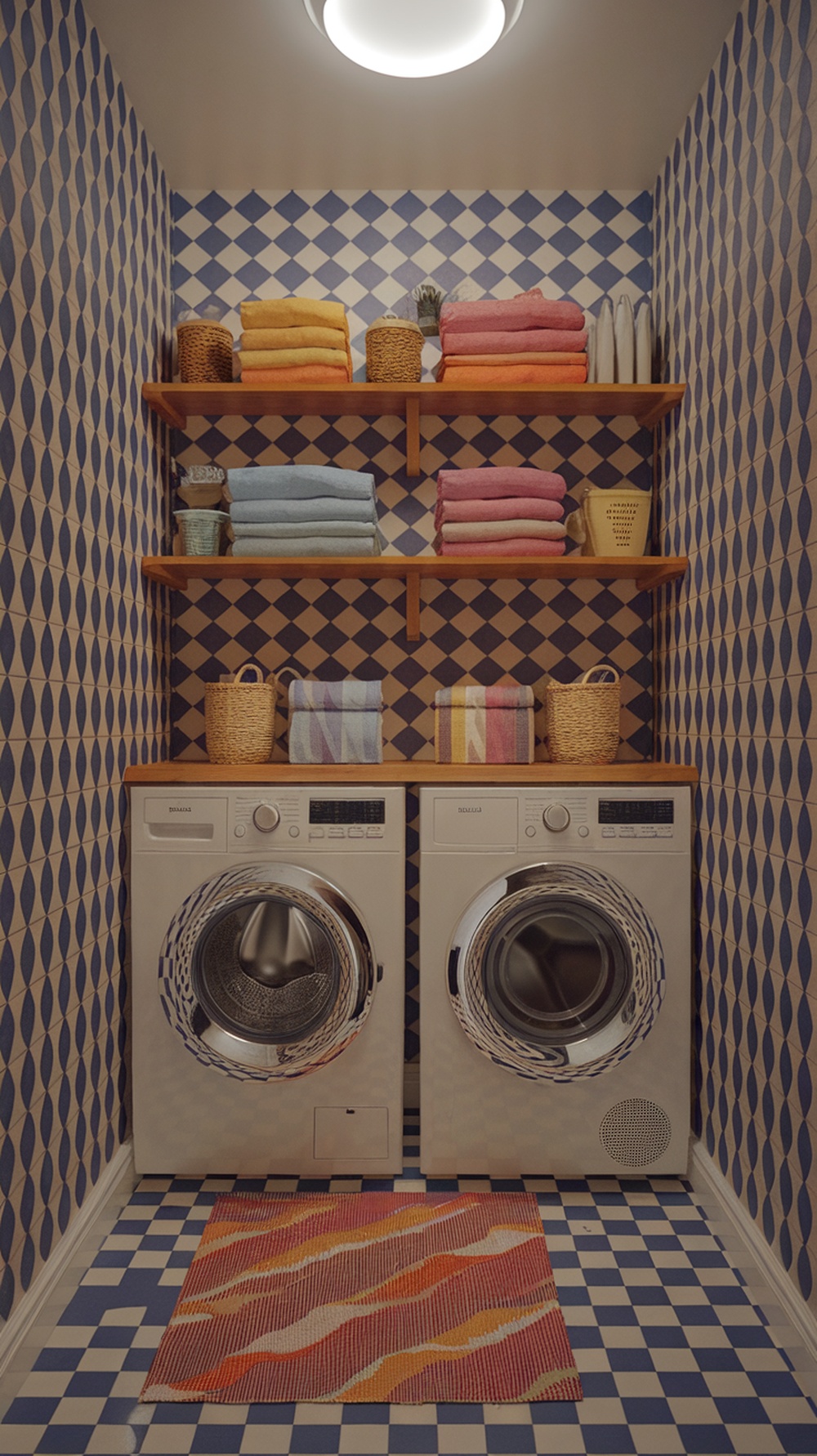 A small laundry room featuring colorful towels on shelves, patterned wallpaper, and a vibrant rug.