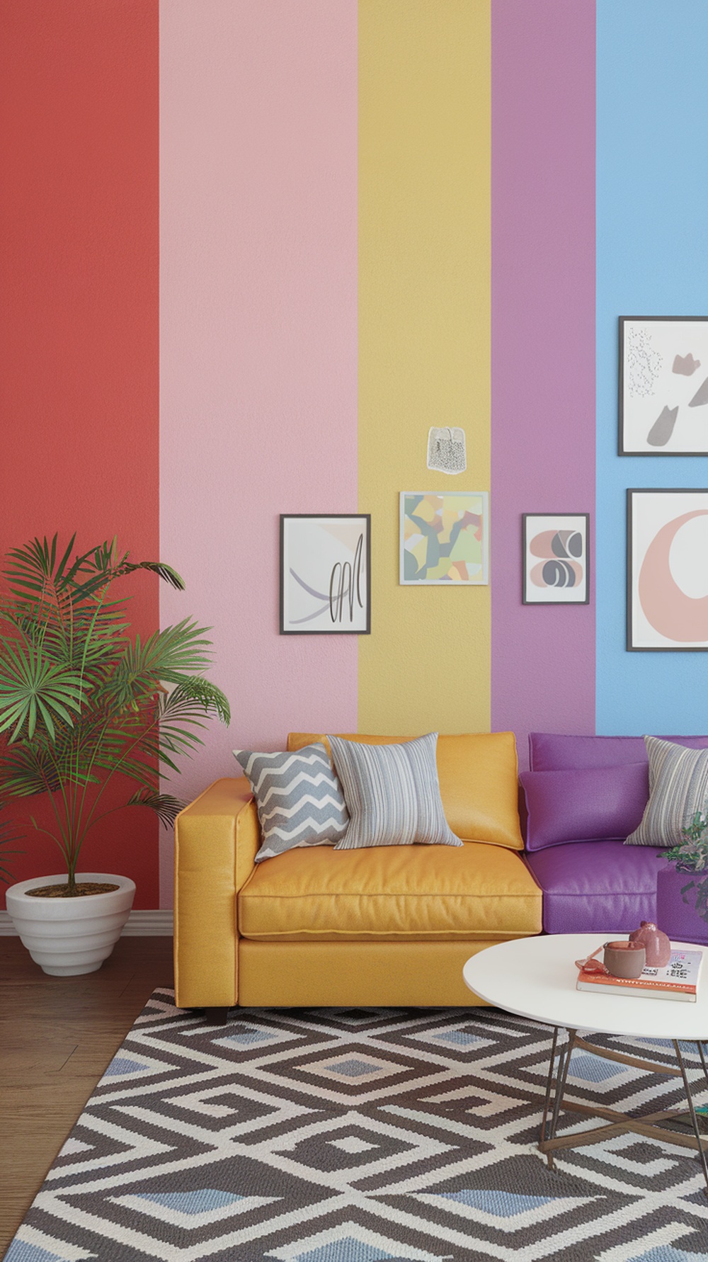 A colorful partitioned living room with vibrant wall stripes and a cozy couch.