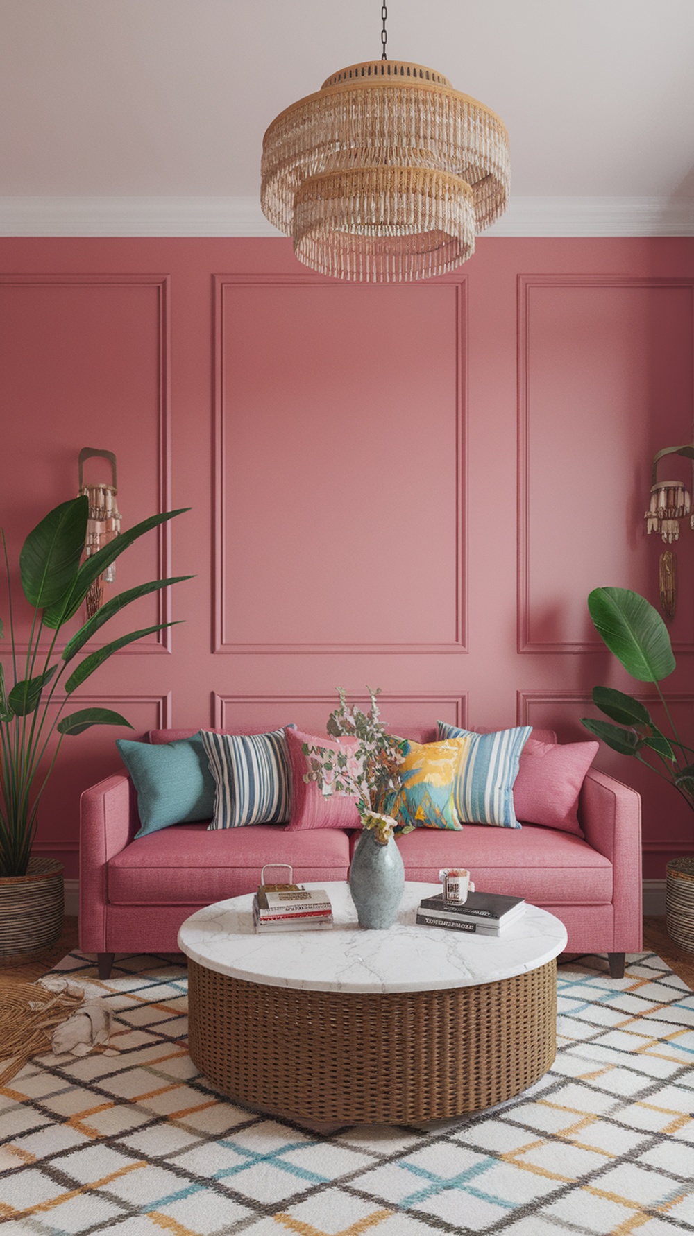 A cozy living room with a vibrant pink accent wall, a pink sofa, colorful throw pillows, and a round coffee table.