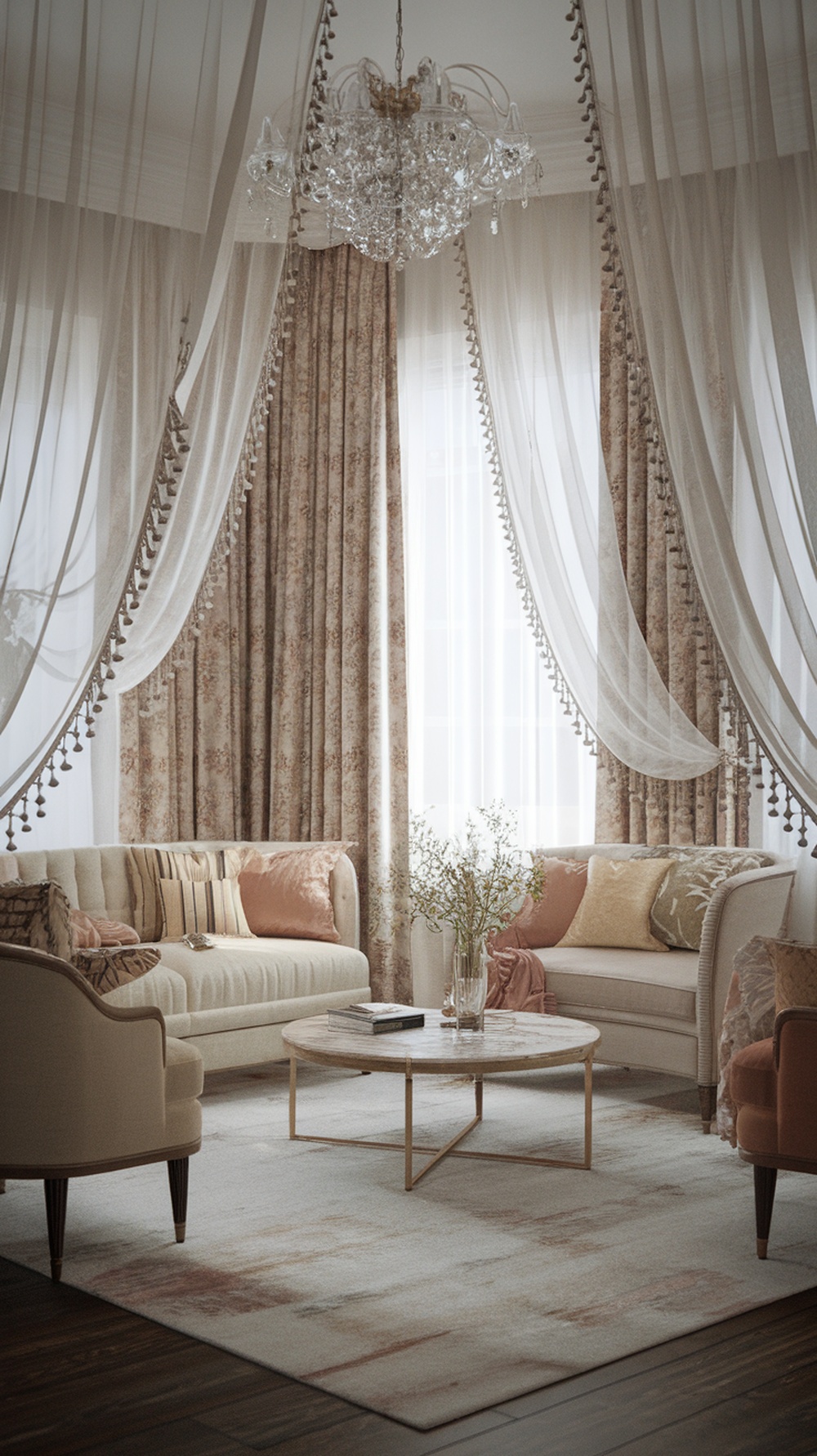 A beautifully decorated living room with soft curtains and a chandelier, showcasing a partition design.
