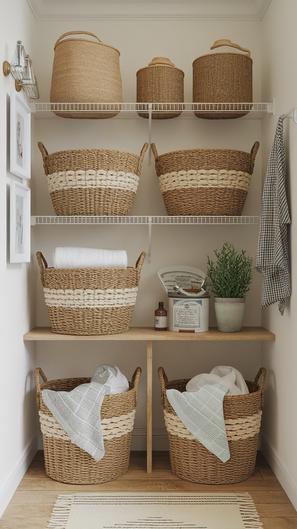 Decorative baskets arranged on shelves in a small laundry room, showcasing a tidy and organized space.
