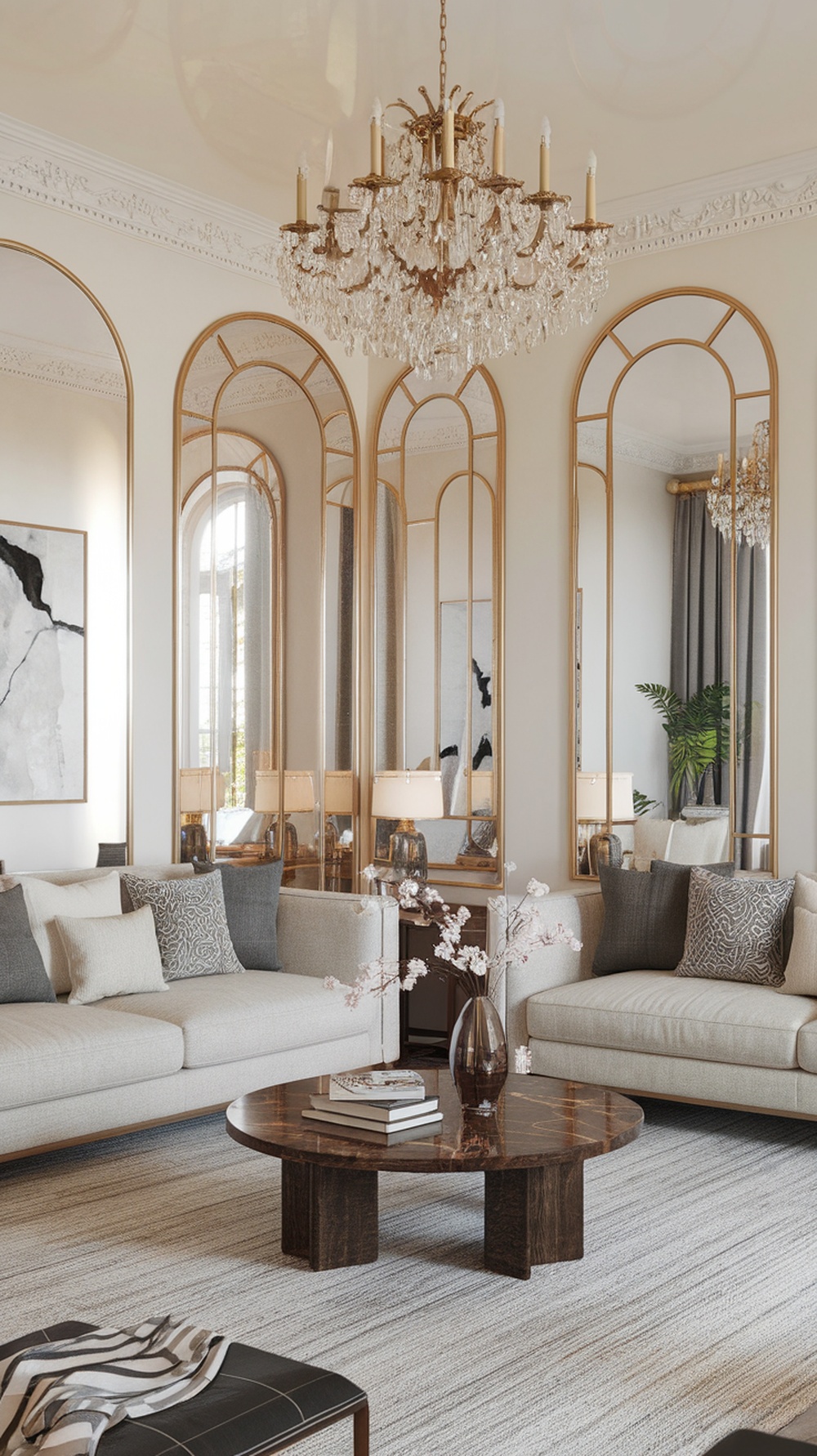 A stylish living room featuring elegant mirrors, a chandelier, and modern furniture.