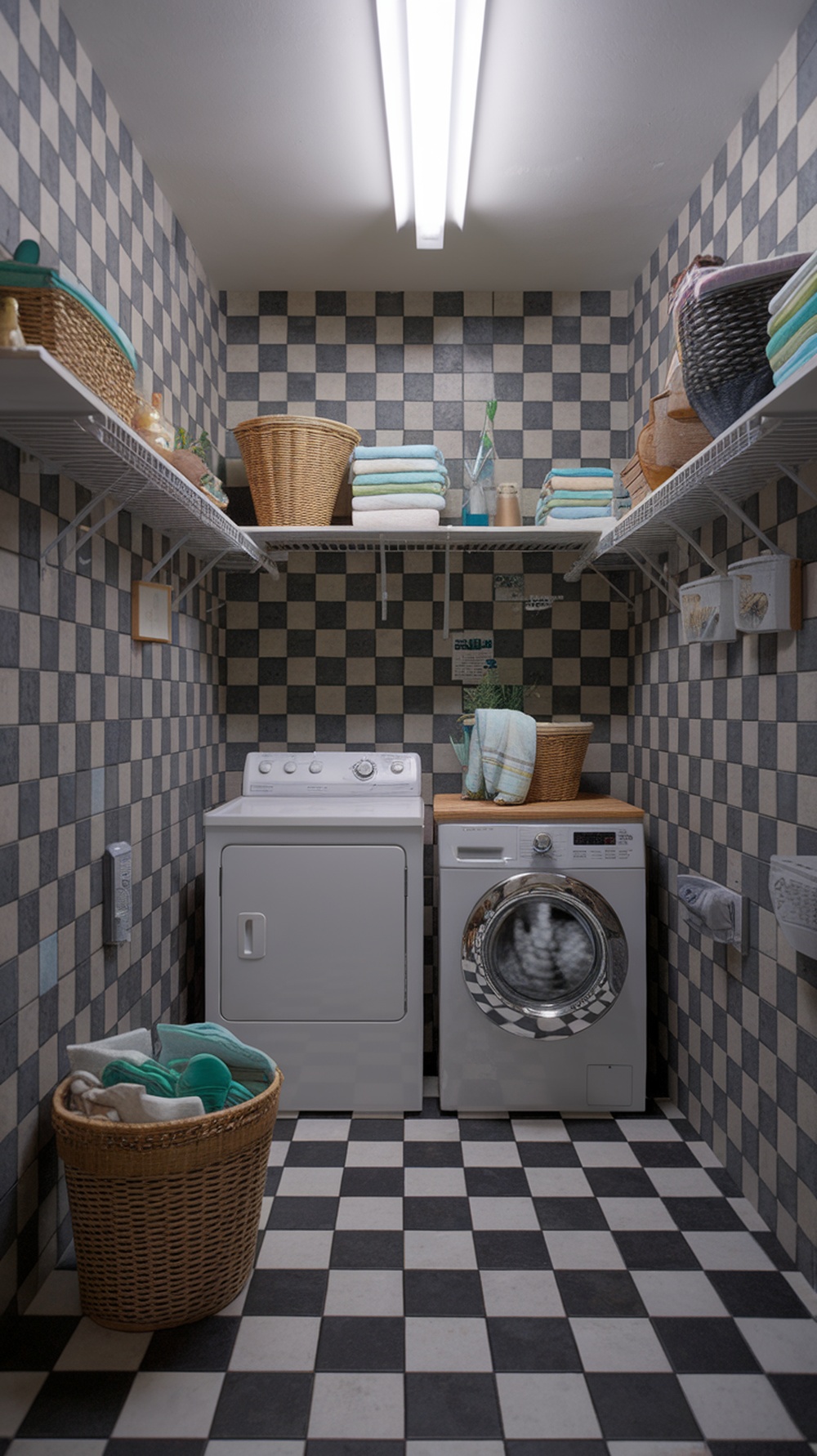 A small laundry room with a checkered floor and shelves filled with towels and baskets.