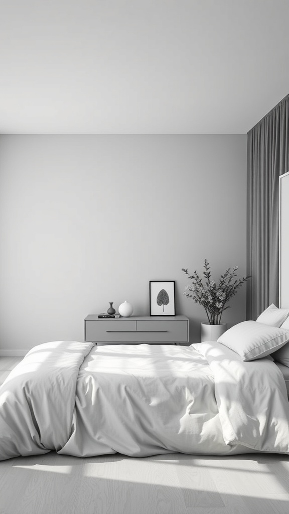 A minimalist bedroom featuring gray tones, soft bedding, and simple decor.