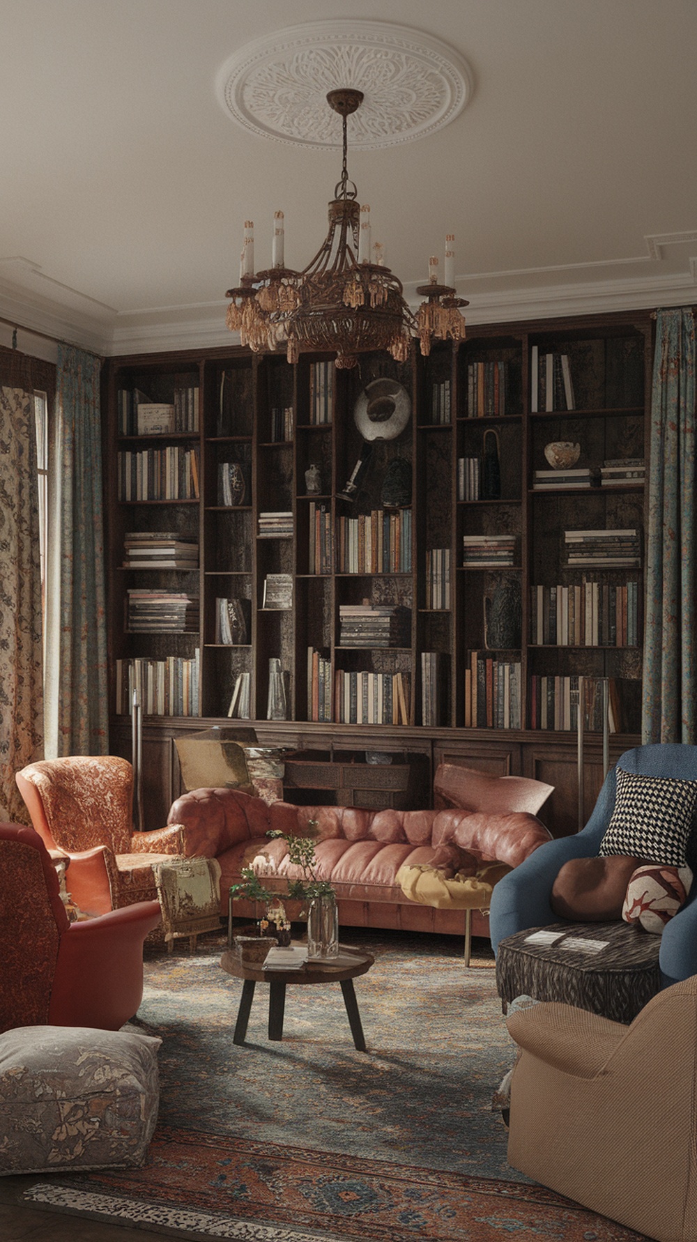 A vintage-inspired living room with a mix of colorful furniture, bookshelves, and a cozy atmosphere.