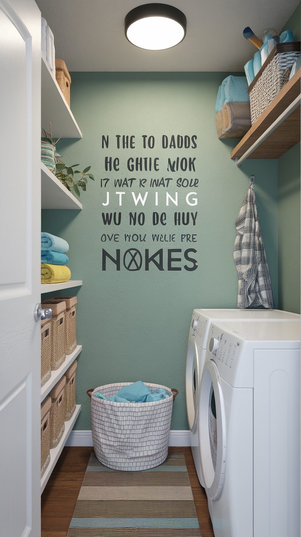 A small laundry room featuring green walls, wall art with playful text, and organized shelves with towels and baskets.