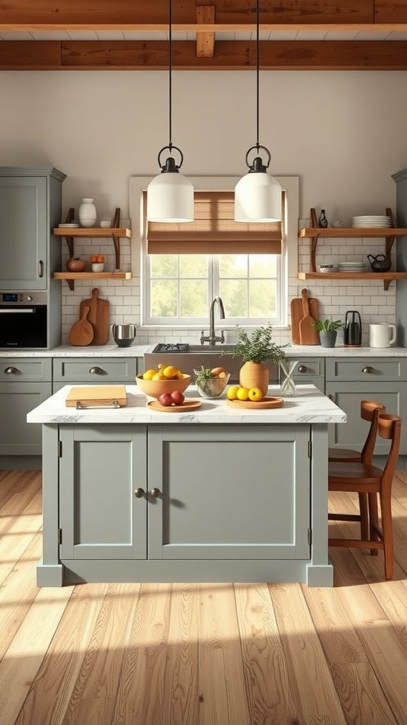 A modern kitchen with a grey island table, fruits on top, and wooden chairs.