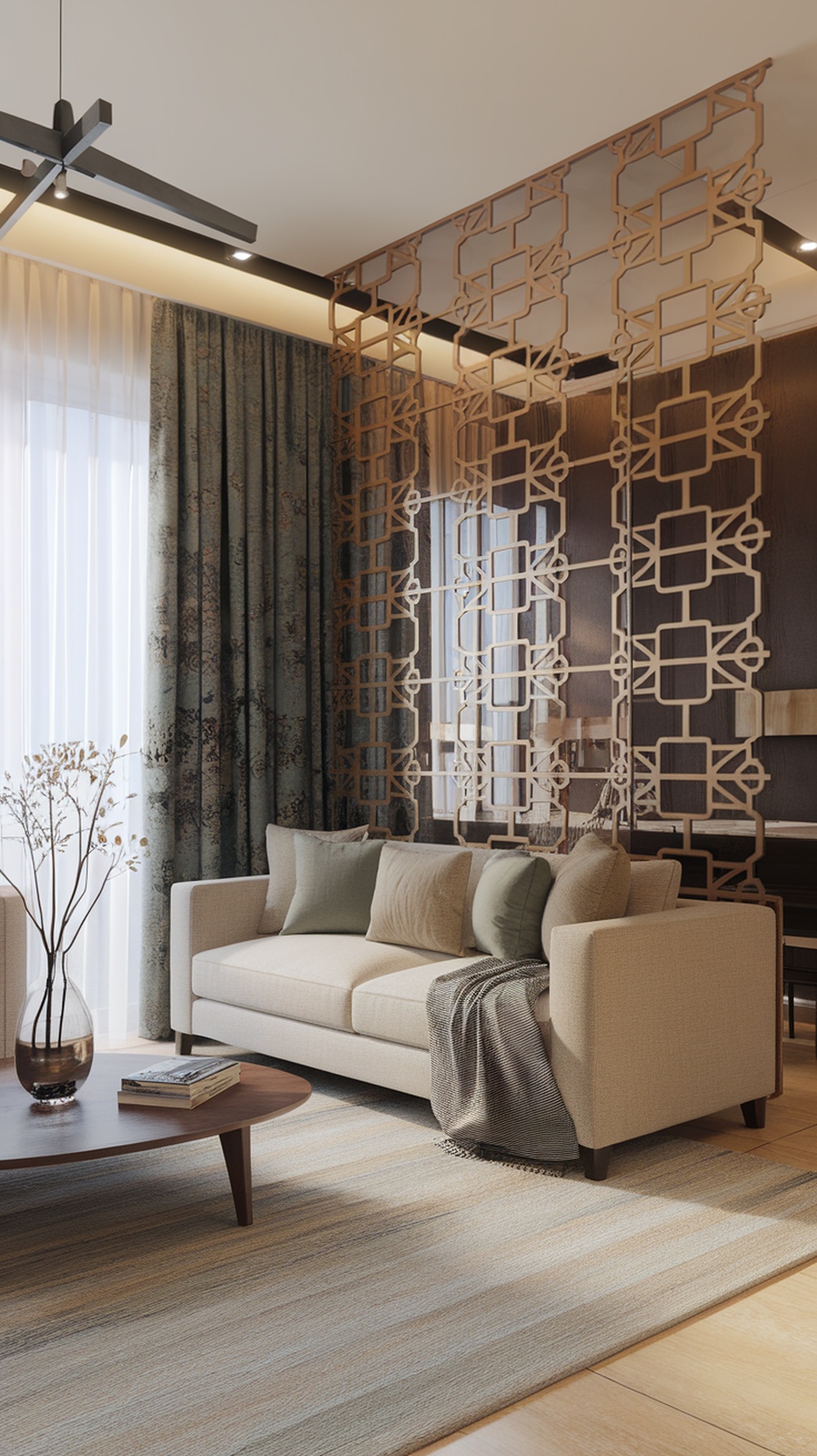 A modern living room with a decorative wooden partition separating the seating area from the dining space.