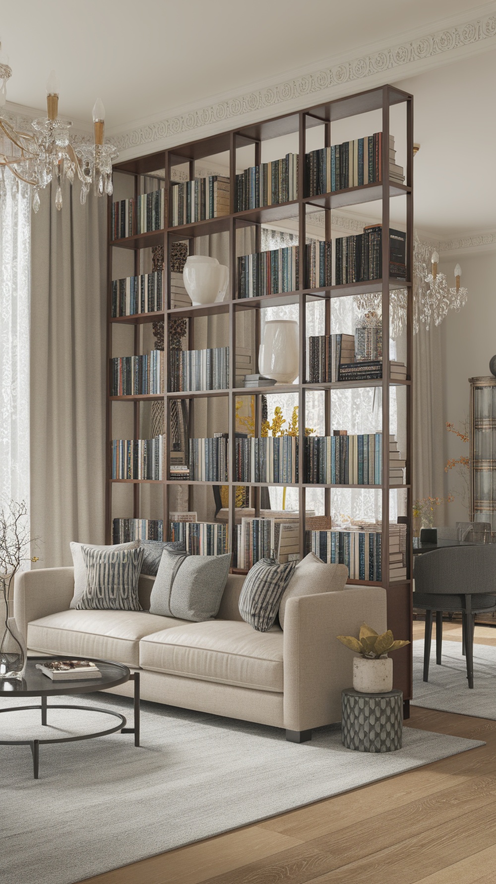 A stylish bookcase used as a room divider in a modern living room.