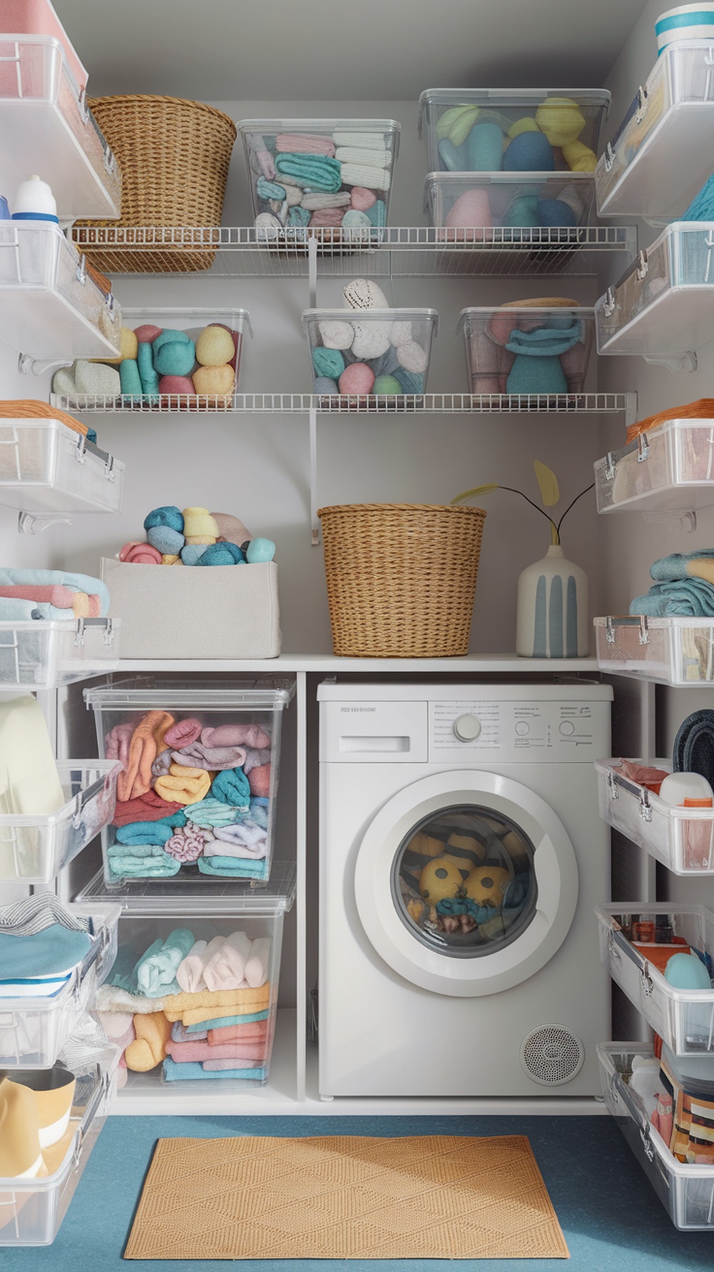 Organized small laundry room with clear storage containers filled with colorful towels and cleaning supplies.