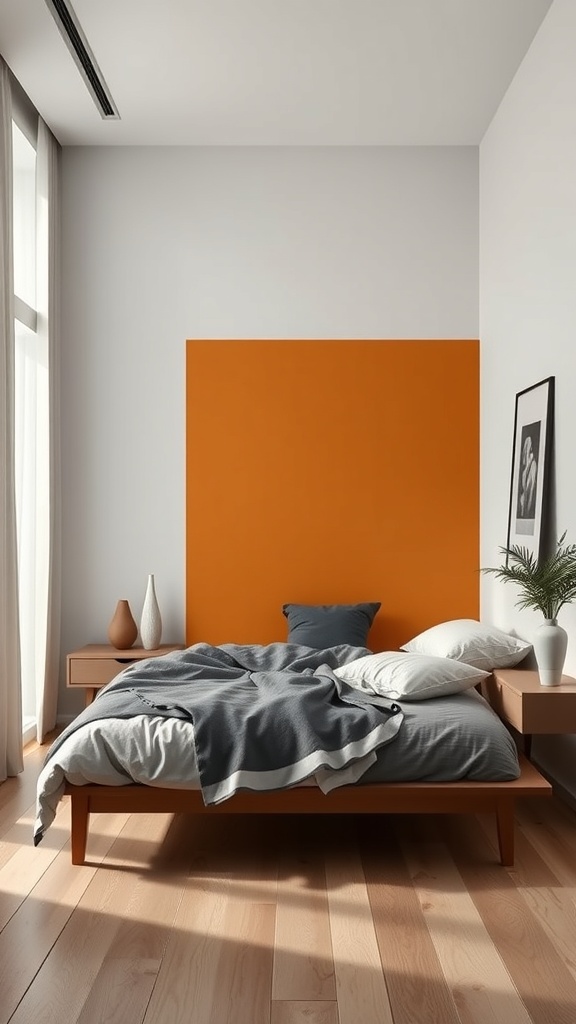A cozy minimalist bedroom featuring a bold orange accent wall, gray bedding, and light wood flooring.