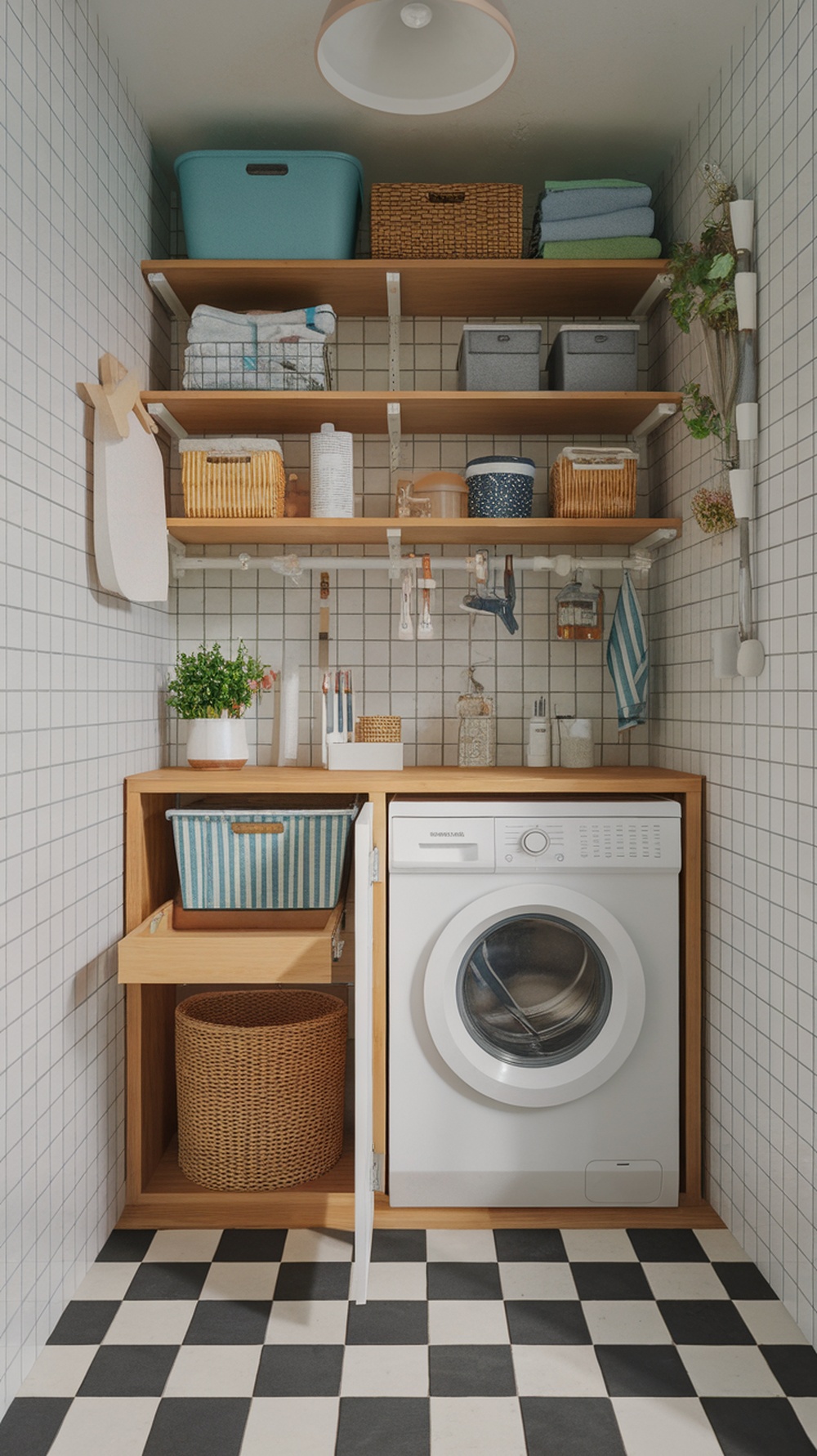 A small laundry room with open shelving, a compact washer, and hidden storage compartments.