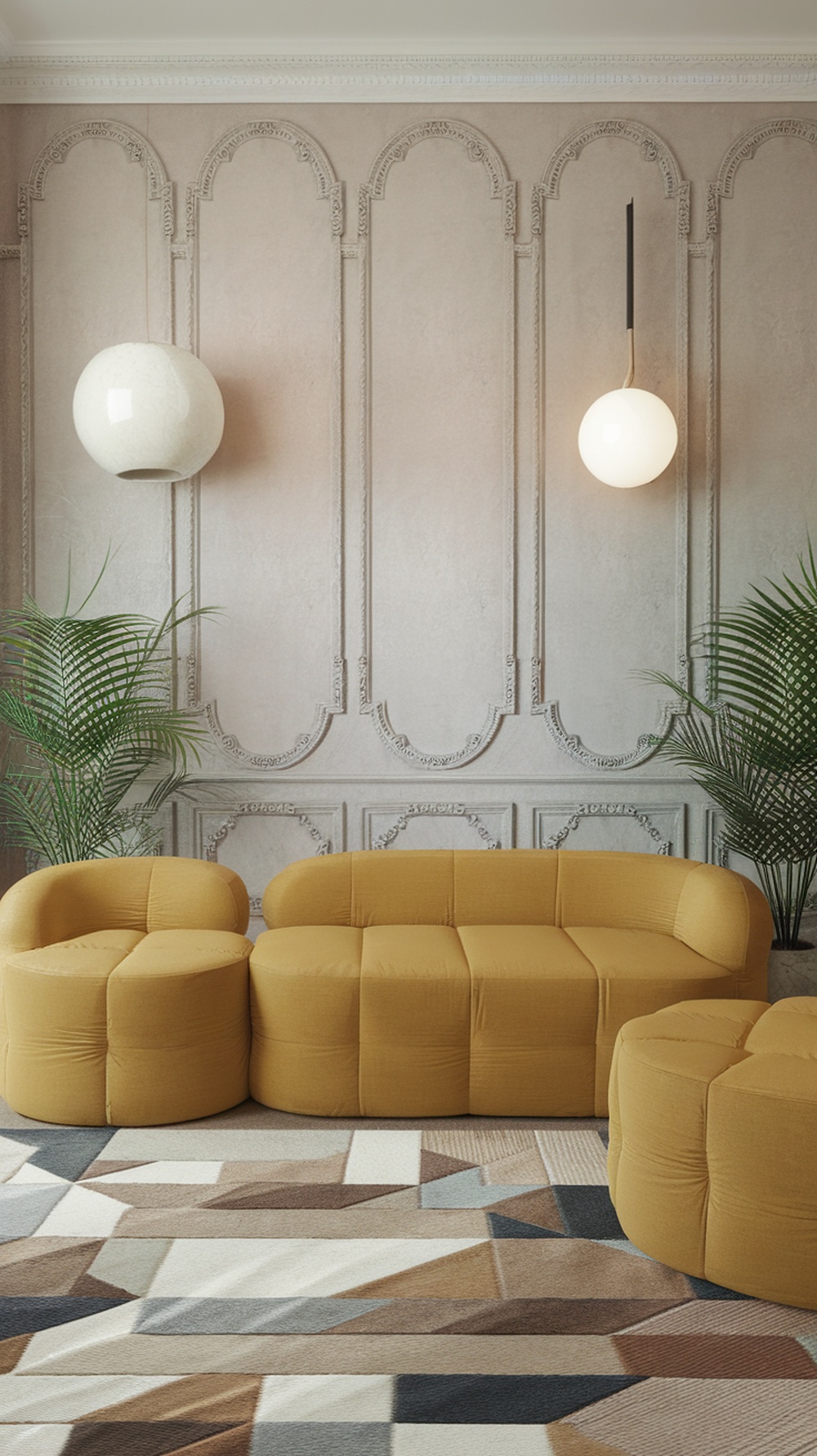 Cozy living room with modular yellow furniture and a patterned rug.