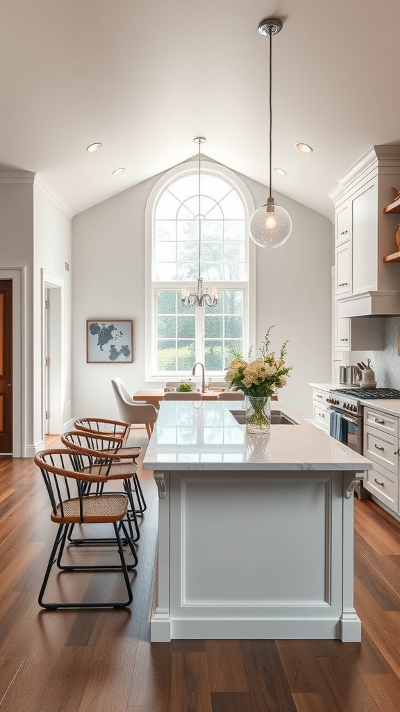 A bright kitchen featuring a stylish island dining table with modern chairs and a beautiful view.