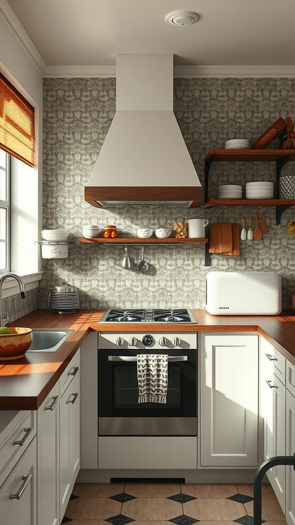 A kitchen featuring vintage tin panels as a backsplash, with a modern stove and wooden shelves.