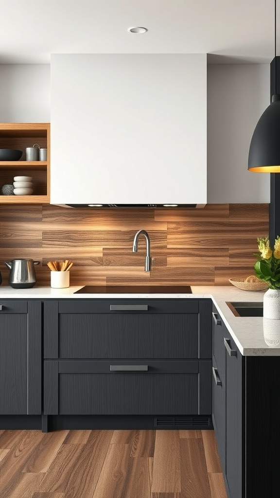 A modern kitchen featuring a wood slat backsplash with dark cabinets and a sleek countertop.