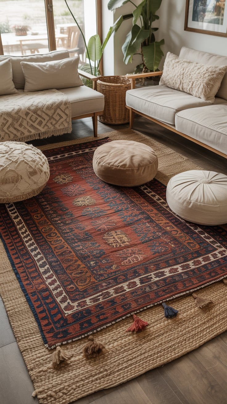 Cozy Up with Layered Rugs and Floor Cushions