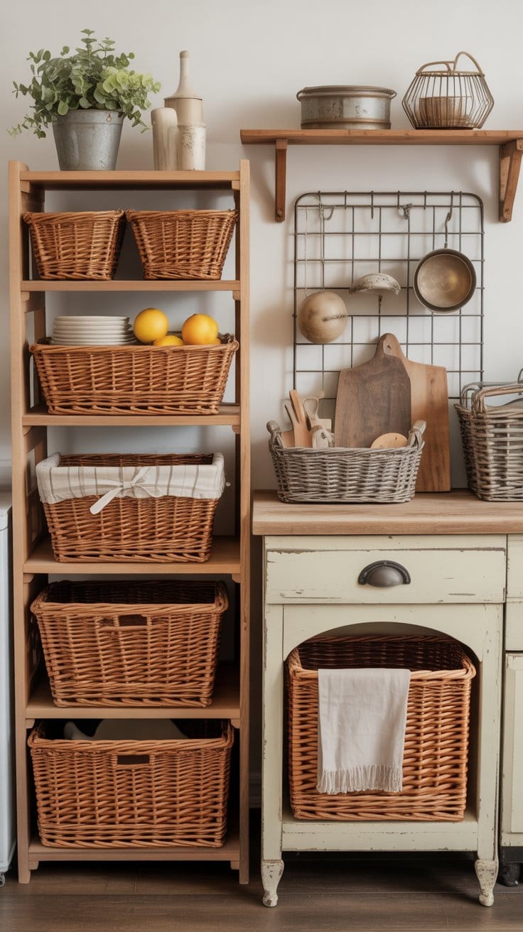 Wicker Baskets and Wire Racks for Practical Storage